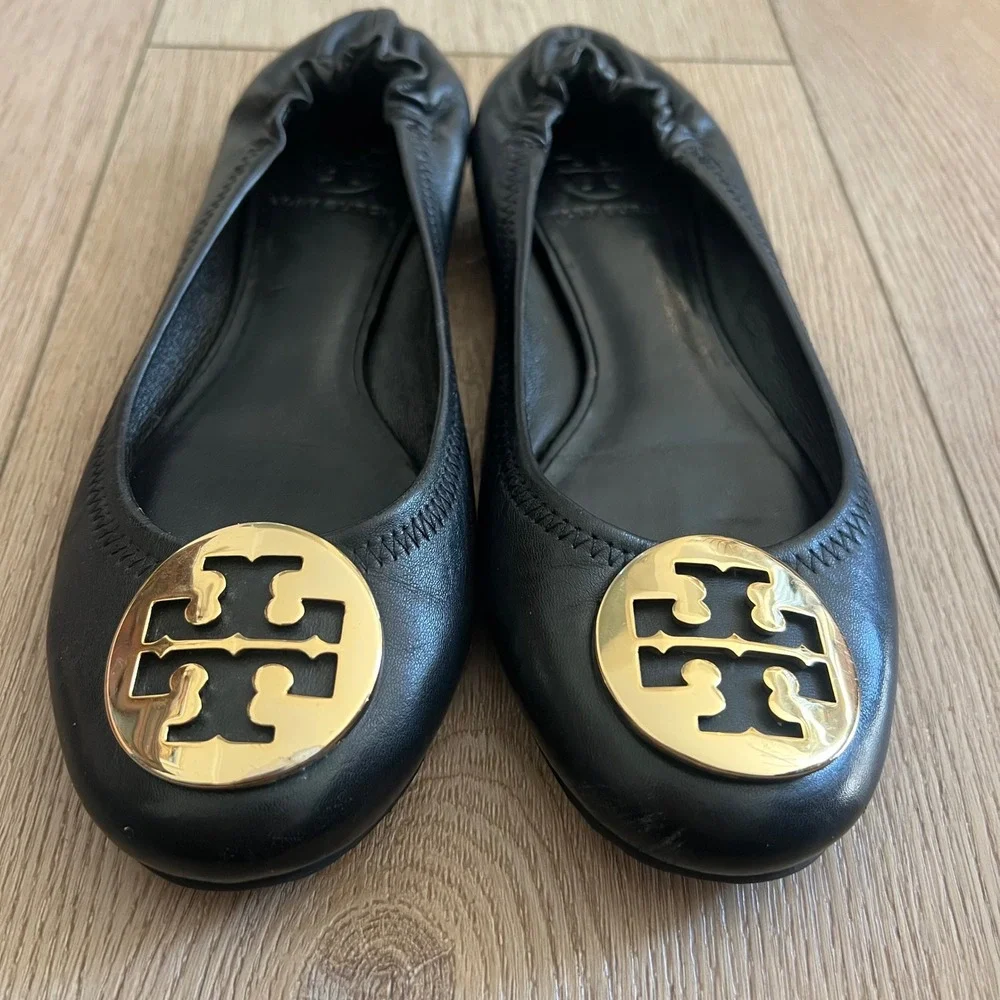 Tory Burch Minnie Travel Ballet Flats Black Leather Gold Logo Women's 6.5M